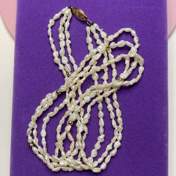 💛 Vintage 14k Yellow Gold Pearl & Gold Bead Triple Strand Necklace - Picture 2 of 4